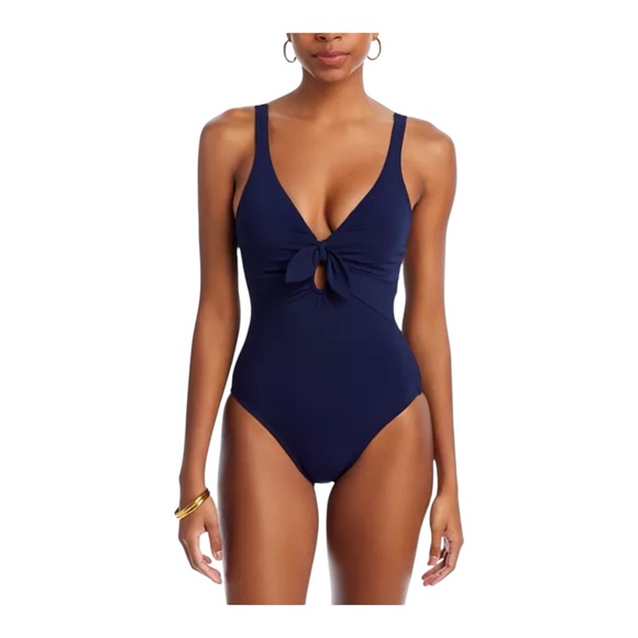 Robin Piccone Ava Plunge One Piece Swimsuit Size 2 Tie Front Navy Blue Resort - Picture 1 of 8